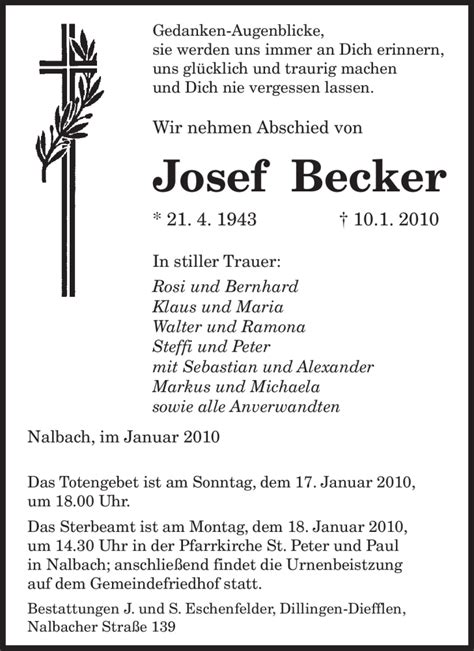 Traueranzeigen Von Josef Becker Saarbruecker Zeitung Trauer De