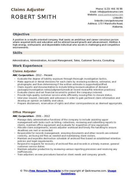 Claims Adjuster Resume Samples Qwikresume