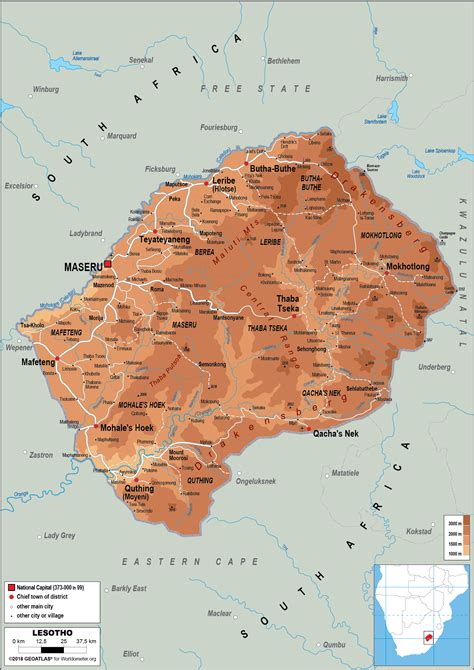 Lesotho Map (Physical) - Worldometer