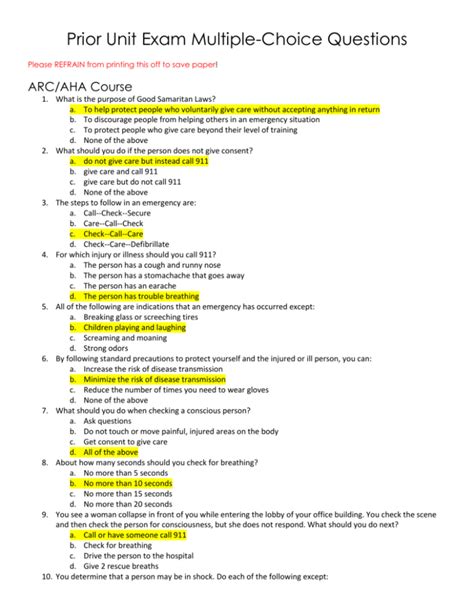 Prior Unit Exam Multiple Choice Questions Please REFRAIN From