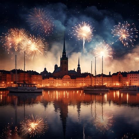 Premium Ai Image Fireworks Celebration In Stockholm Capital Of Sweden