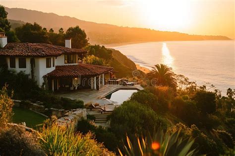 serene coastal villa  golden hour  stunning sunset  lush