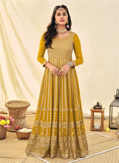 Yellow Fully Heavy Designer Work Elegant Anarkali Suit Indian Heavy