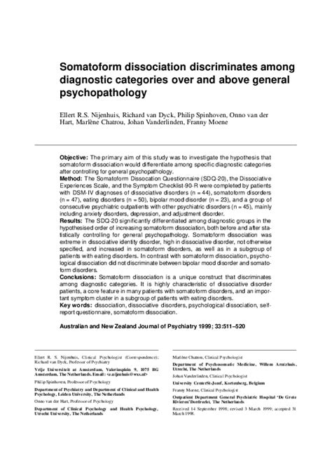 Pdf Somatoform Dissociation Discriminates Among Diagnostic Categories