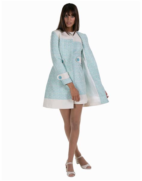 MARMALADE Retro Mod Art Deco Floral Fitted Coat Cream Turquoise