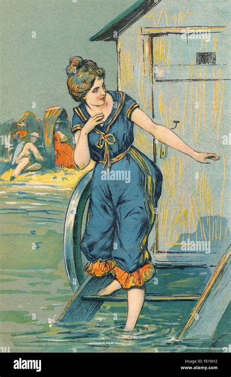 Postcard Vintage Illustration Of An Edwardian Lady In Bathing Costume