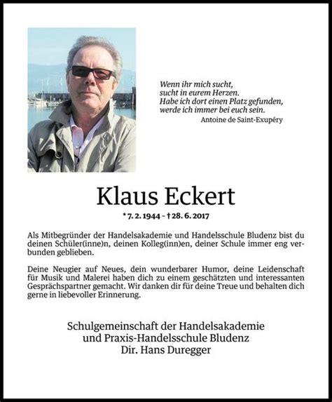 Todesanzeigen Von Klaus Eckert Todesanzeigen Vorarlberger Nachrichten