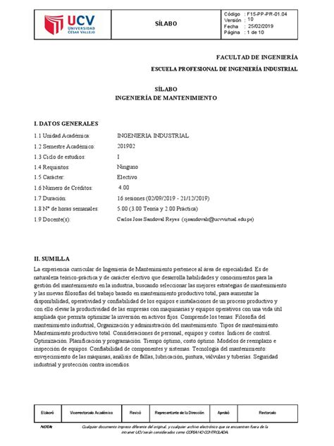 Sílabo Ingeniería De Mantenimiento Pdf Ingeniería De Confiabilidad