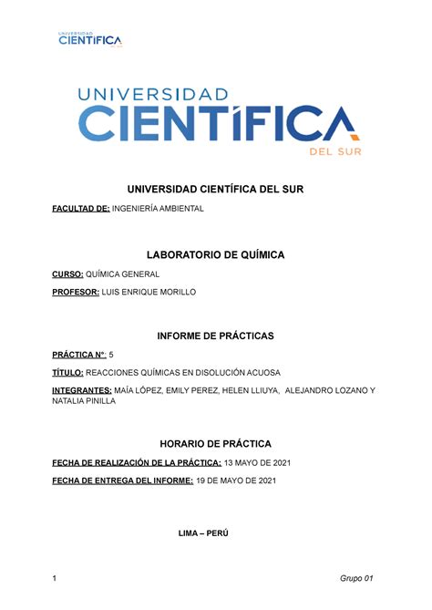 Informe de práctica de laboratorio N5 Reacciones Químicas EN