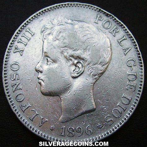 1896 96 PG V Alfonso XIII Rizos Spanish Silver 5 Pesetas Silver