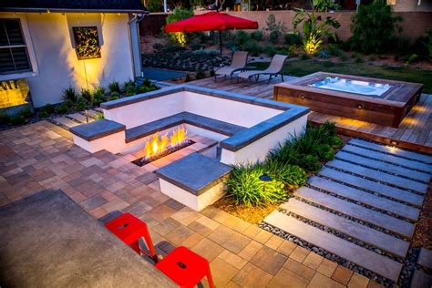 Fire Pit With Built In Seating And A Vaulted Hot Tub Hot Tub Patio