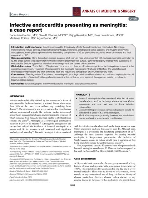 Pdf Infective Endocarditis Presenting As Meningitis A Case Report