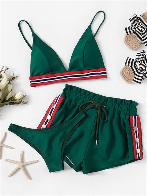 Striped Trim Bikini Set With Shorts Packfor Women Romwe Moda Biqu Ni