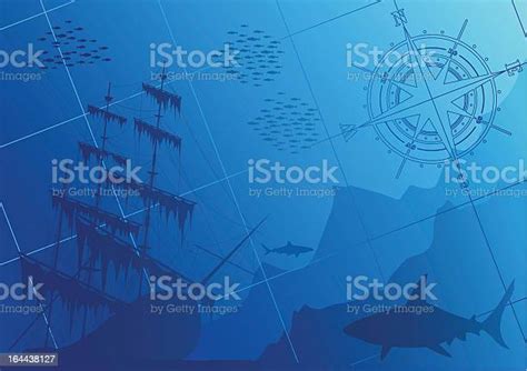 Underwater Background With Sharks Old Ship And Compass Rose向量圖形及更多海盜圖片