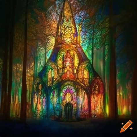 Magnificent Castle Of Colorful Stained Glass In An Elven City In The