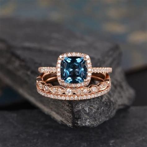 London Blue Topaz Rose Gold Bridal Set Engagement Ring Art Deco Band