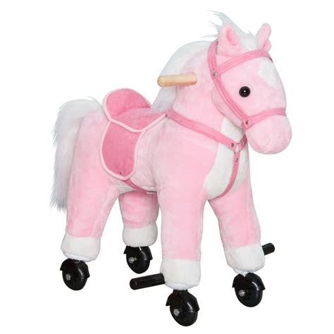 Qaba Kids Plush Toy Ride On Walking Horse With Wheels And Realistic