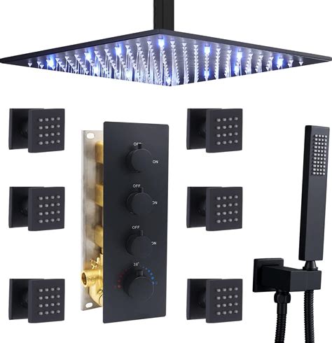 Luxury Black Shower Jets System In Wall HOMEDEC 16Inch LED Rainfall