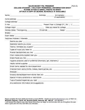 Fillable Online Silerchurch Secret Pal FORM A Form For Student To Fill