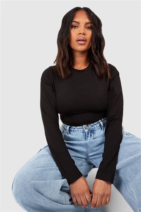 Black Plus Cotton Long Sleeve Crew Neck Bodysuit