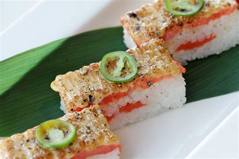 Salmon Oshi Sushi Pressed BC Wild Sockeye Salmon Jalapeno Miku Sauce