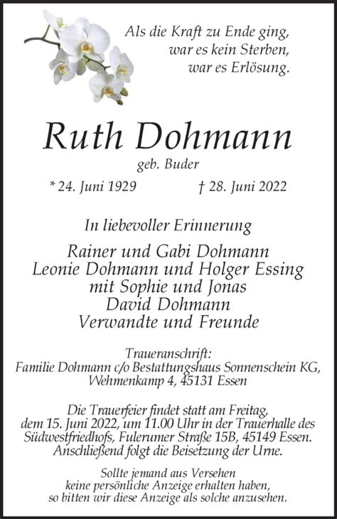 Traueranzeigen Von Ruth Dohmann Trauer In NRW De