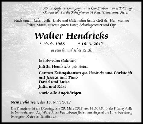 Traueranzeigen Von Walter Hendricks Rz Trauer De