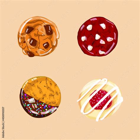 Vector Illustration Set Of Four Types Of Cookies On The Pink Background Sweet Cookies Red