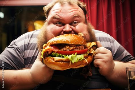 Funny fat man eating a huge burger. Generative AI Stock Photo | Adobe Stock