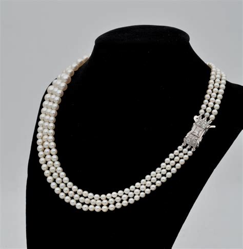 Art Deco Triple Strand Pearl Diamond Necklace Circa At Stdibs