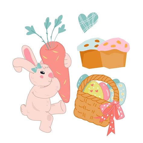 Premium Vector Easter Symbols Set With Bunny Girl And Basket Of Colored Eggs In Cute Kawaii Style