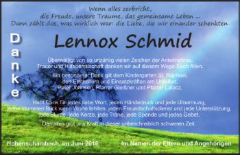 Traueranzeigen Von Lennox Schmid Mittelbayerische Trauer