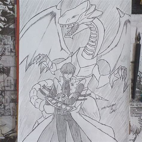 Kaiba e o Dragão Branco de Olhos Azuis Humanoid sketch Art