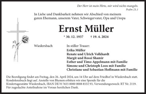 Traueranzeigen von Ernst Müller trauer flz de