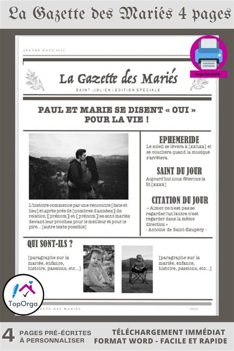 Modèle Gazette des Mariés DIY à télécharger et modifier format Etsy