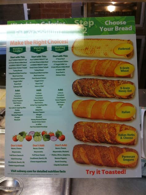 All the bread choices and nutritional info - Yelp