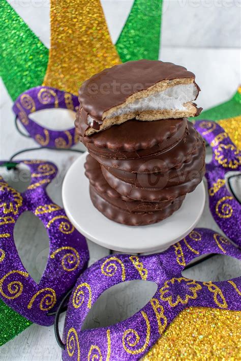 New Orleans Mardi Gras Moon Pie Stack With Carnival Masks 11974289