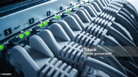 Macro Shot Ethernet Data Center Cables Connected To Router Ports With