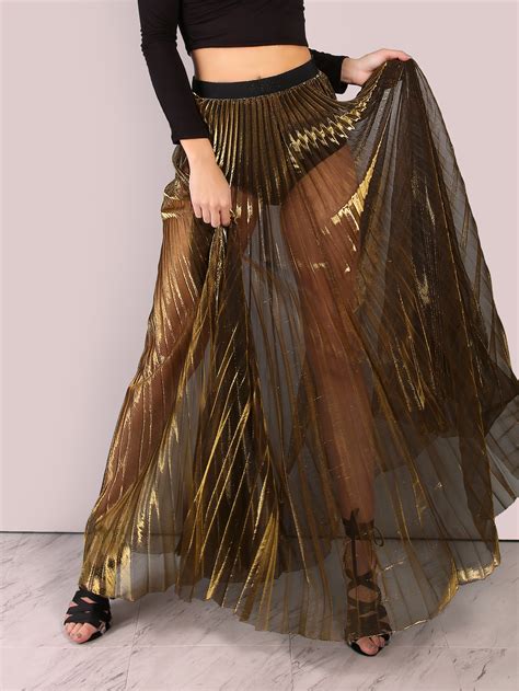 Sheer Metallic Pleated Maxi Skirt Gold Sheinsheinside