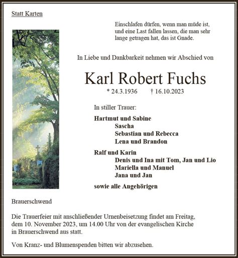 Traueranzeigen Von Karl Robert Fuchs Vrm Trauer De