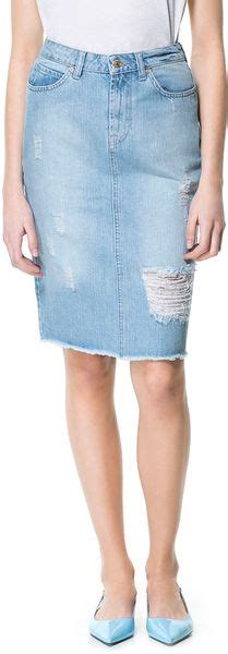 Zara Ripped Denim Pencil Skirt In Blue Lyst