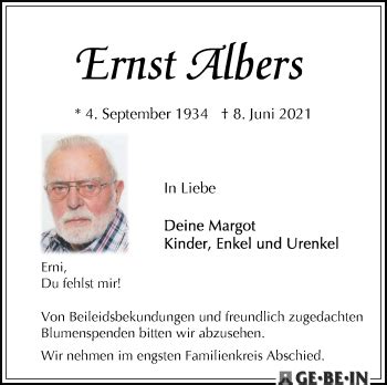 Traueranzeigen Von Ernst Albers Trauer Gedenken