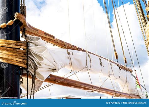 Mast Sails And Shroud Of A Tall Ship Rigging Detail Stock Photo