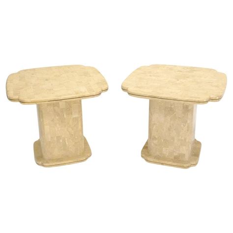 Pair Of Tessellated Stone Brass Trim Mid Century Modern End Tables Stands For Sale At 1stdibs