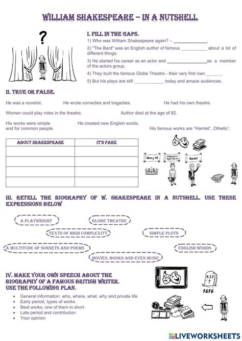 William Shakespeares Biography In Short Worksheet Live Worksheets