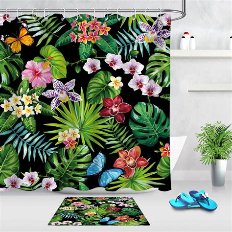 Tropical Paradise Shower Curtain Vibrant Florals Playful Butterflies