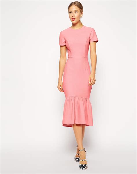 Lyst Asos Pencil Dress With Peplum Hem In Texture In Pink