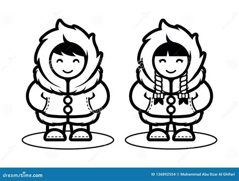 Young Eskimo Cute Couple Illustration In Cartoon Style Arctic People Living In North Pole Flat