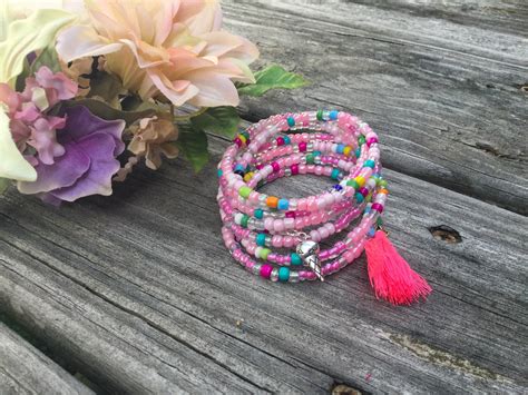 Memory Wire Beaded Bracelet Pink Bracelet Handmade Bracelet Usa Boho Style Cuff Bracelet T