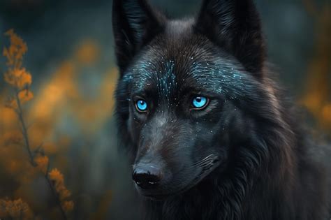 Lobo Negro Con Ojos Azules Foto Premium